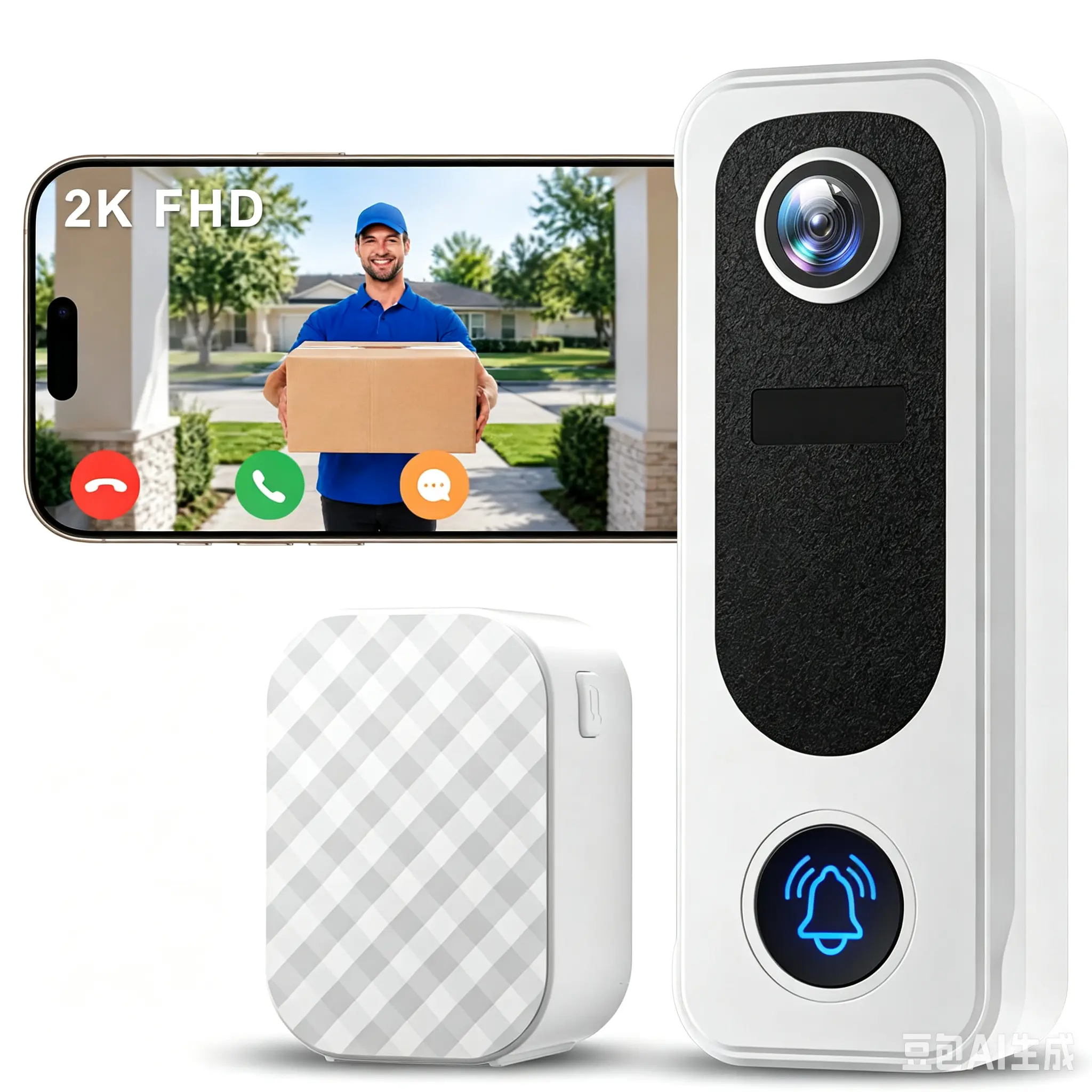 Doorbell Camera Wireless No Subscription - 2K Video Doorbell Wireless with Chime, 2 Way Audio, 30s Voice Message, Anti-Theft, AI Detection, Only 2.4GHz WiFi, Battery Powered, Work with Alexa