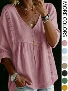 Women's Floral V-Neck Pullover Pure Color Basic Casual Seven-Eighth Sleeve Top T-Shirt, Comfortable, Stylish and Elegance Daily Wear, Perfect for Spring & Fall