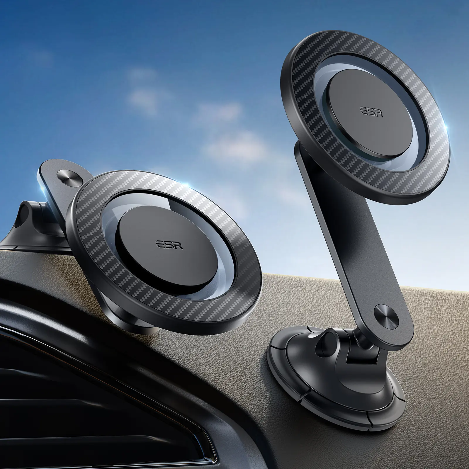 ESR MagSafe Dashboard Magnetic Car Mount - Rotating Car Mount for iPhone 17/16/15/14/13/12 & Samsung, Strong Magnets, 360° Rotation, Black Carbon Fiber, Magnetic Rings, Driving Safety, Lifetime Support, 12-Month Protection Plan