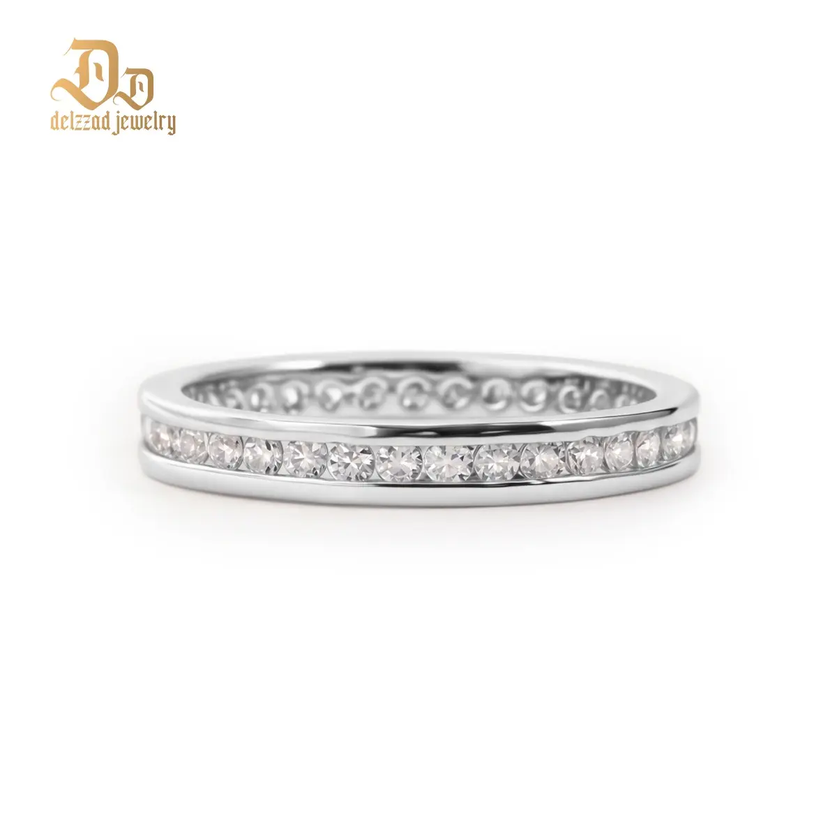Delzzad 14K Gold-Plated Eternal Path Ring Channel Set Eternity Wedding Band Ring VVS Synthetic Moissanite Ring Jewelry Copper Band Perfect Birthday Engagement Wedding Anniversary Christmas Valentine's Day Gift
