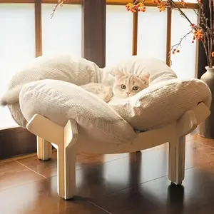 Elevated Wooden Cat Bed with Fluffy Cushion - Raised Pet Sofa for Indoor Cats & Small Dogs, Cozy Kitty Lounge Chair, Durable Cat Furniture