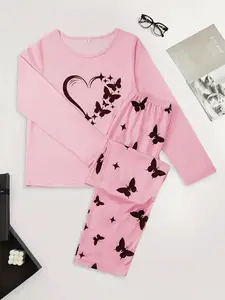 Silky Fiber Pajama Set, 95% Polyester & 5% Elastane Blend, Short Sleeve Round Neck Shorts, Heart Butterfly Patterns, Spring Summer Fall Wear, Loungewear