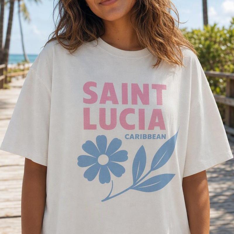 Women's 100% Cotton Casual Lady Short-Sleeve Round Neck Drop Shoulder Loose-Fit T-Shirt Top - Caribbean Theme Saint Lucia Retro Floral Streetwear Vacation Wear