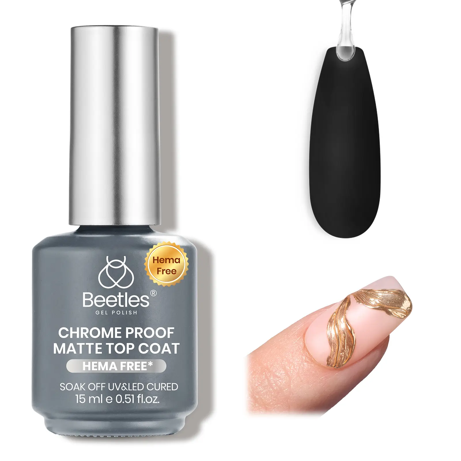 Beetles HEMA-Free Matte Gel Top Coat for Nail Art - No Wipe, Chrome Powder Transfer-Preventing Formula, Chip-Resistant, Smudge-Resistant, Smooth Velvet Finish, Long-Lasting UV Polish for DIY Manicure
