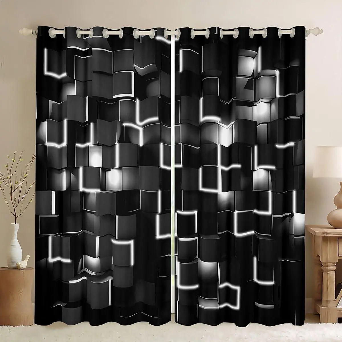 Grey and Black Darkening Drapes Light Geometric Curtains Bedroom Living Room Decor Blackout Curtains Modern Style Window Treatments