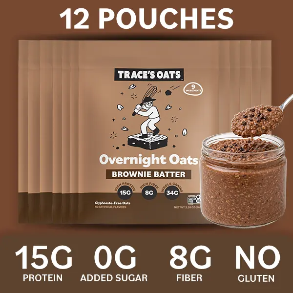 Trace's Oats Fudgy Chocolate Brownie Batter Easy Prep Oatmeal, 12-Pack Gluten-Free Cereal, 15g Protein, 0g Added Sugar, Glyphosate-Free, Chia Seeds, Vegetarian High Protein Breakfast