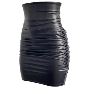 High Waist Tummy Cinched Pleated Curved Hem 2-in-1 Fleece PU Mini Sheath Party Skirt - Elongated