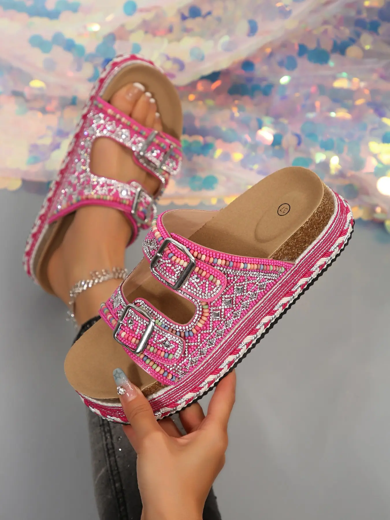 2026 Summer New Bohemian Ethnic Style Double Buckle Rhinestone Bead Thick Sole Slippers, Women's Outdoor Soft Wood Sandals