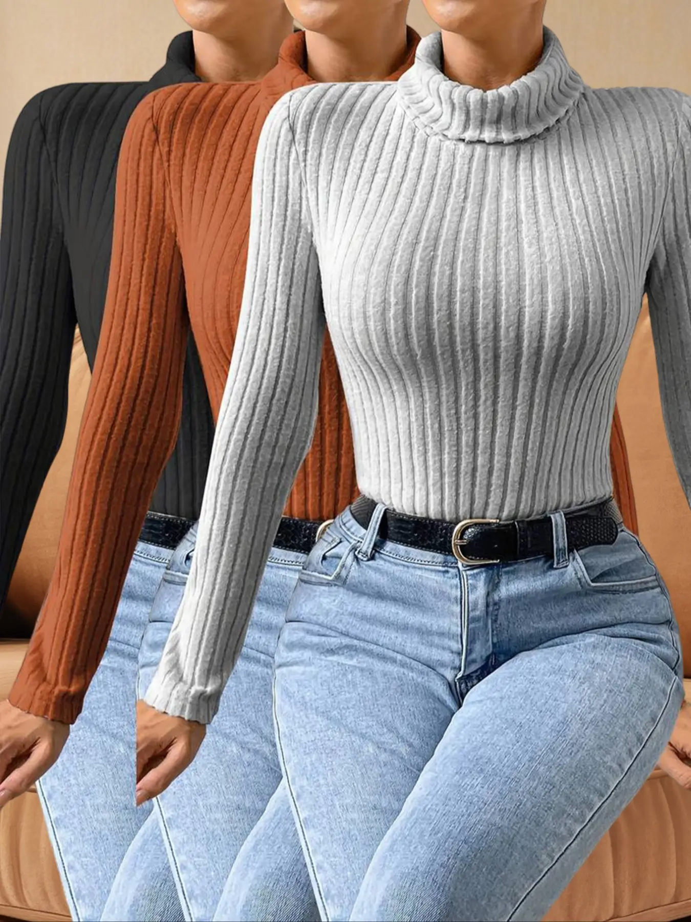Women's Elegant High Neck Long Sleeve Slim Fit Thermal Top Set, Fall & Winter Plain Knit Fabric Three-Piece for Women