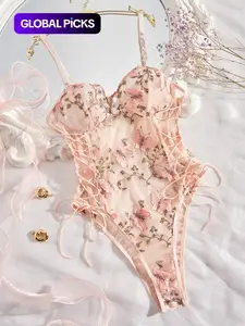 Women's Floral & Butterfly Embroidery Lace-Up Sheer Sexy Bodysuit, Lace Bodysuits, Fashionable Bodysuits, Adjustable Strap Backless Sleeveless Bodysuit for Summer, Fashion Women's Soft Comfy Lingerie for Daily Wear, Erotic Bodysuit