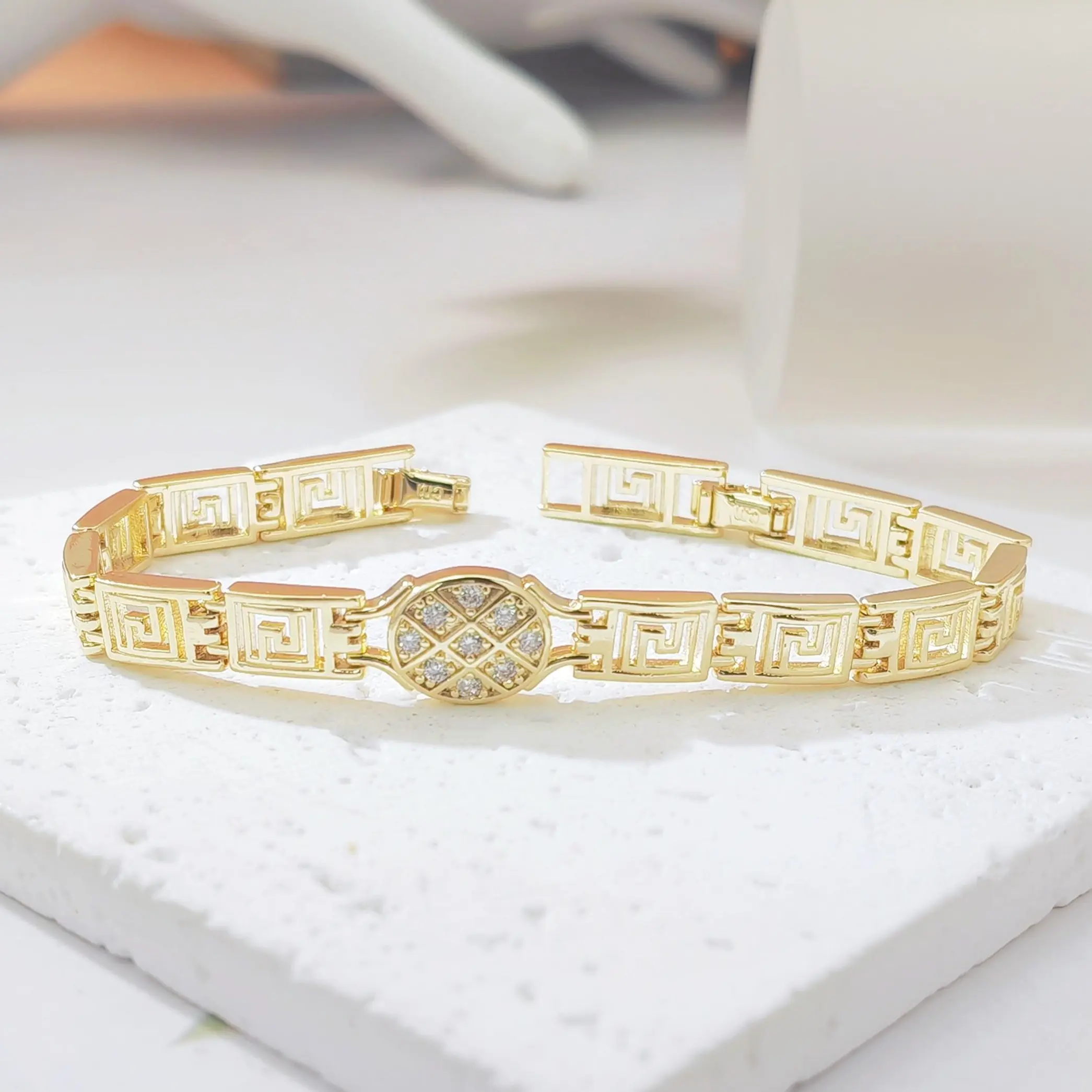 14K Gold Plated Greek Key Link Bracelet for Women, Geometric Rectangle Chain Bracelet with Round Micro Pave Cubic Zirconia Center, Minimalist Stackable Fashion Jewelry Gift for Birthday Anniversary