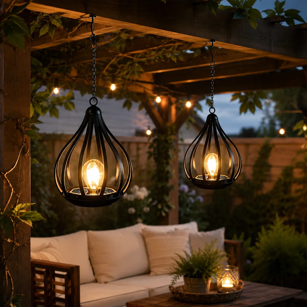 2-Pack Solar Outdoor Lights - Hanging Waterproof Garden Lanterns with Metal Frame, Vintage Birdcage Look, Sun Power, Auto On/Off, Decorative Lamps for Outdoor Spaces