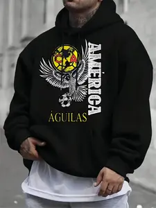 Men's Black Oversized Pullover Hoodie, Graphic Hoodies - Club América Águilas Eagle & Soccer Graphic, Mexican Football Team Fan Style, Soft Fabric, Casual, For América Fans