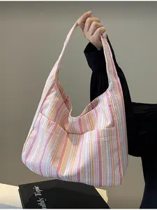Large Capacity Women Canvas Handbag Crossbody Bag Casual Striped Fashionable Tote Bag Pink Casual Trendy Versatile Bag