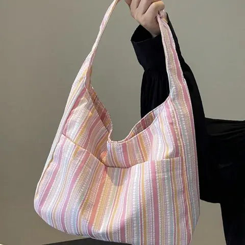 Large Capacity Women Canvas Handbag Crossbody Bag Casual Stylish Bag Striped Tote Bag Pink Canvas Tote Bags Casual Handbags Fashionable Casual Bag Casual Everyday Bag