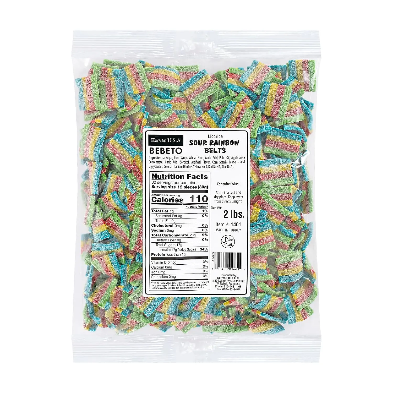 Kervan Rainbow Bite-Size Sour Licorice Candy Belts, 2 lb Bulk Bag – Colorful Rainbow Sour Licorice, Soft & Chewy Candy for Parties, Candy Buffets & Snacking