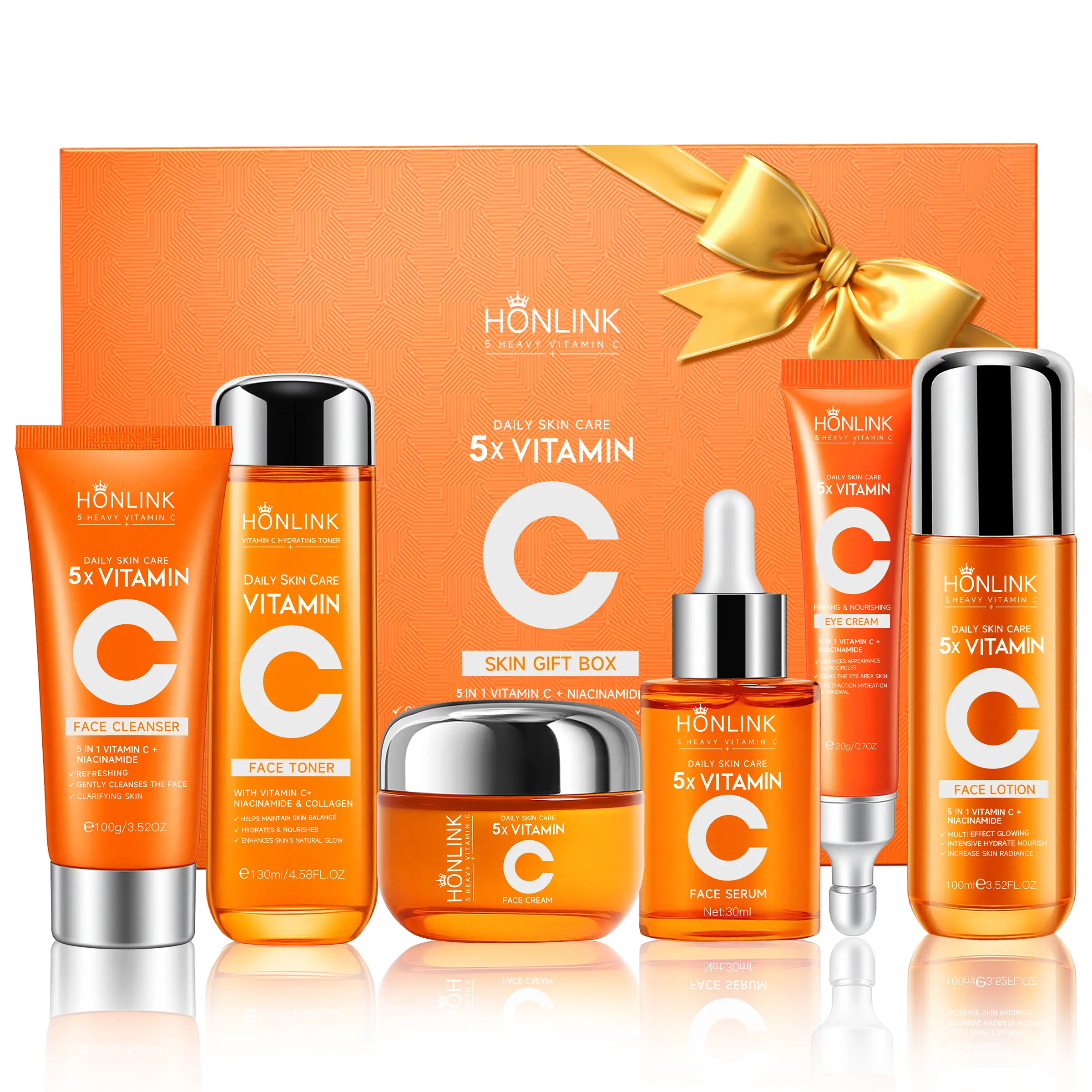 6-Piece Korean Skincare Set for Radiant Glow, Hydrating & Repairing Formula with 5X Vitamin C, Hyaluronic Acid, Face Cream & Serum, Vegan, For All Skin Types, Moisturizer, Lotion, Cleanser, Helps Brighten Dull, Tired Skin