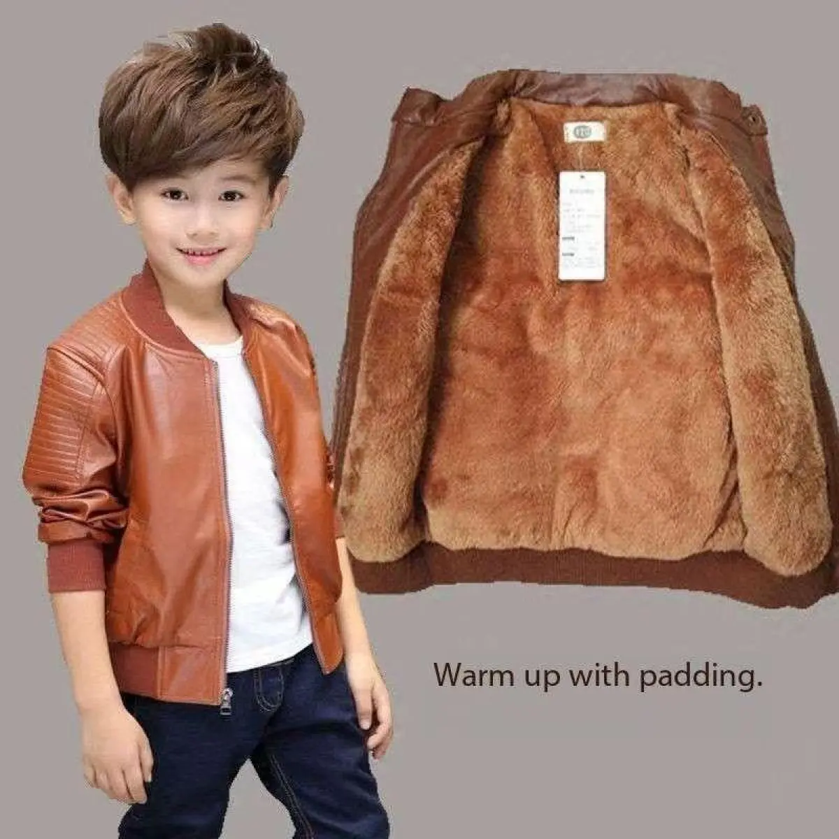 Boys' Collared Neck PU Leather Moto Jacket - Full-Zip Plain All-Season Outerwear, Machine Washable Child Size Casual Coats for Casual Wear, Sizes 3-4Y/4-5Y/5-6Y/7-8Y/9-10Y