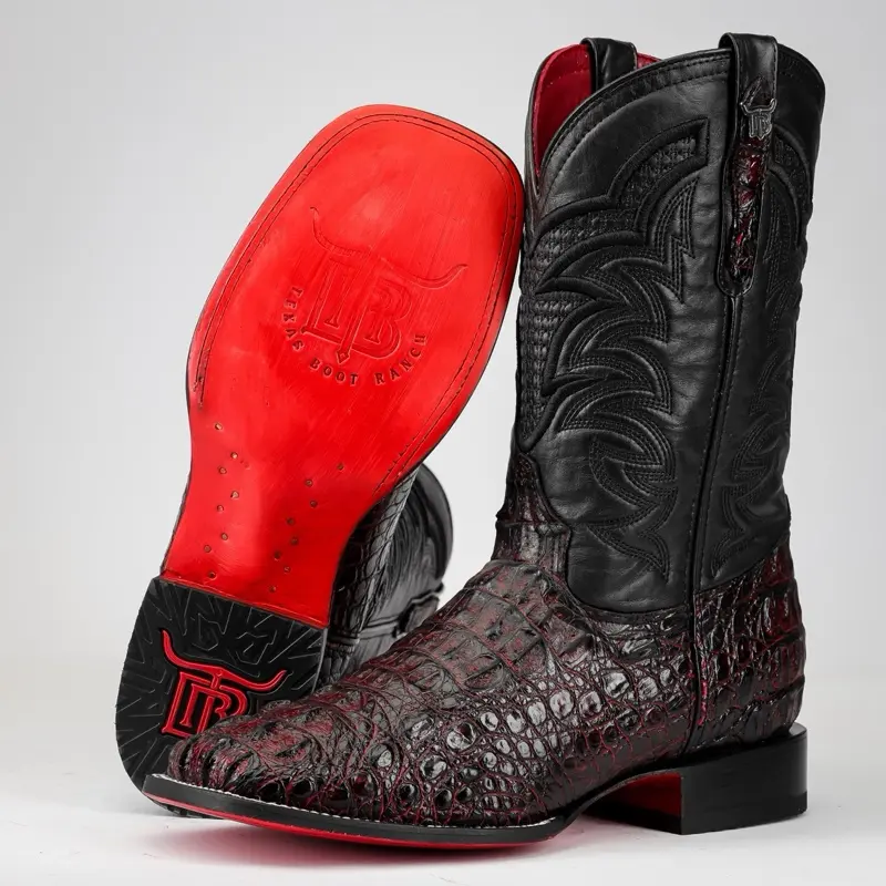 Black Cherry Caiman Neck Print Leather Boots - Square Toe