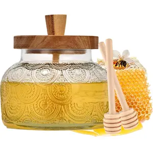 30 OZ Honey Jar with 2 Wooden Dipper and Lid, Large Honey Pot Dispenser, Thick & Wide Mouth, Glass Honey Container for Kitchen, Home, Storage, Counter Decor