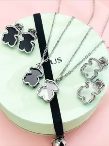 3-piece new spring and summer bear jewelry set, transparent/black stainless steel, non-allergenic and non-fading women's necklace and earrings set, Valentine's Day and Mother's Day gifts