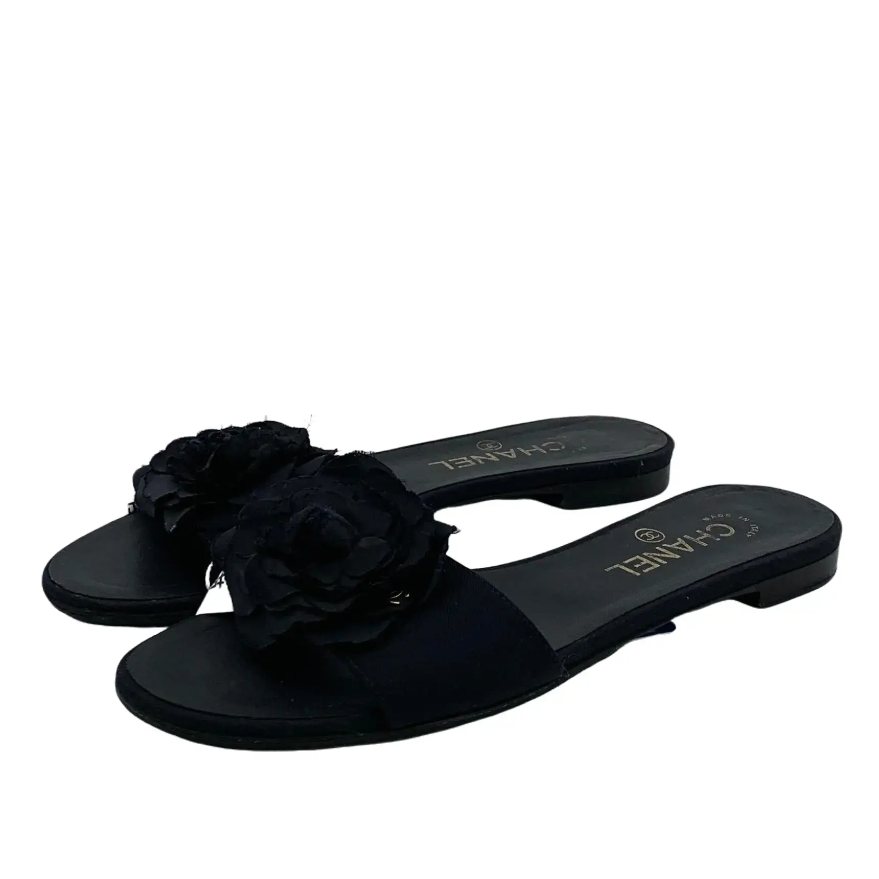 RDLT-Chanel Size 38 Black Lace Camellia Decor Flat Slide Sandals-J36891
