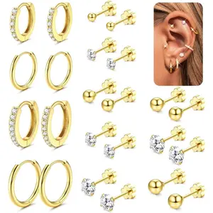 MILACOLATO Women's 12-Pair Earring Stacking Set, Surgical Steel Hypoallergenic Hoop Studs, Tiny CZ Flat Back, Waterproof Plated Polished Finish Helix/Cartilage Earrings for Daily Wear (Gold, Silver)