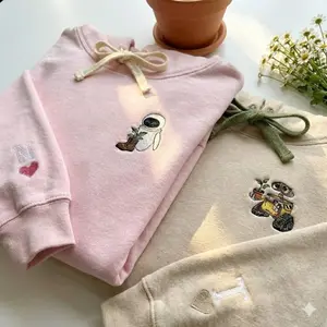 Custom Embroidered Cartoon Couple Matching Hoodie, Couple Embroidery Sweatshirt, Initial On Sleeve, Movie Character Couple Crewneck