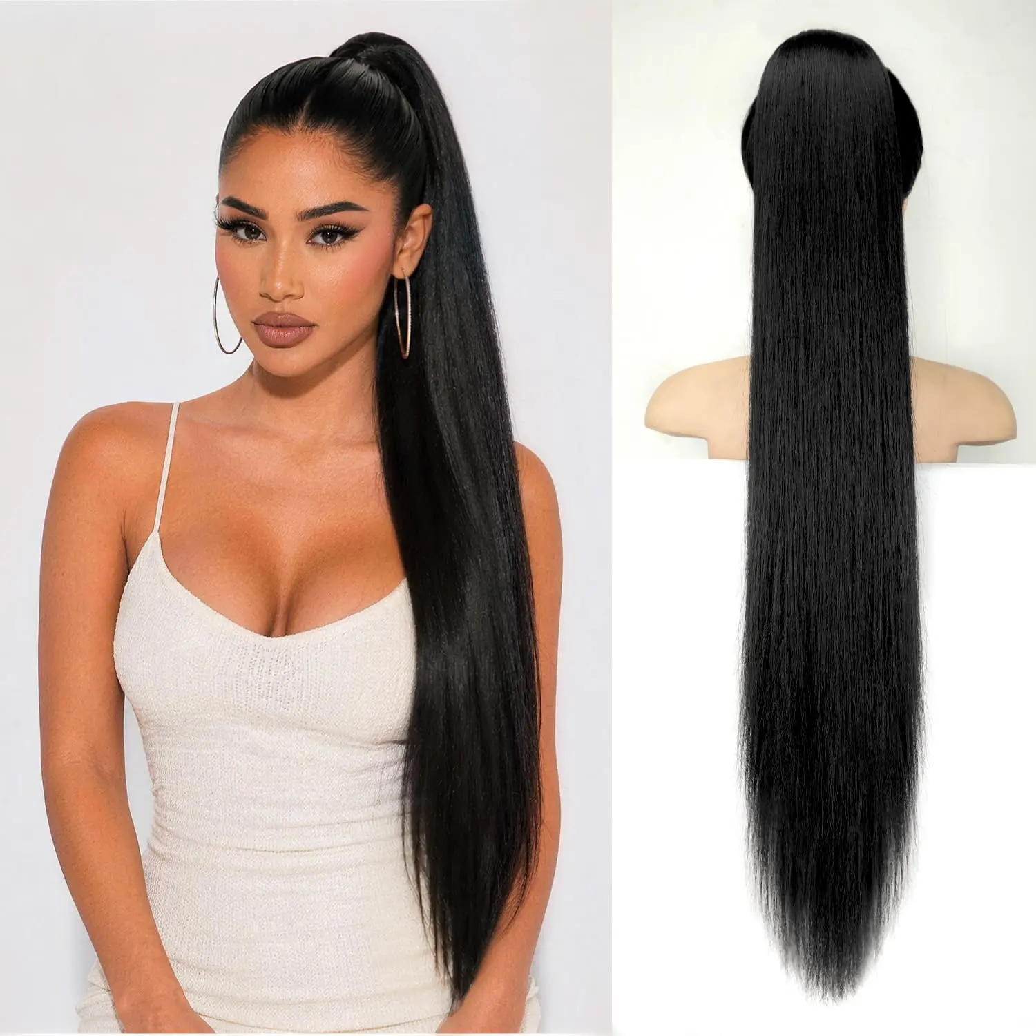 Women's 30-in Synthetic Artificial Hair Claw Clip Ponytail Extension, Heat-Resistant Long Straight Hairpiece, Black Fashion Hair Accessory