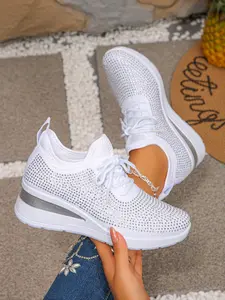 2026 New Breathable Mesh Rhinestone Women's Shoes, Soft Sole Shock Absorption Lace-Up Sneaker Trainer, Walking Shoes, Athletic Sports Shoes, Fashion Versatile Wedge Thick Bottom Casual Shoes