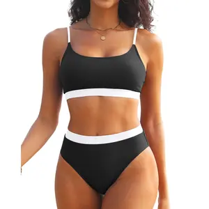 Tempt Me High Cut Sporty Bikini Set Two Piece Scoop Neck Swimsuits for Women Crop Top Bathing Suit with Bottom