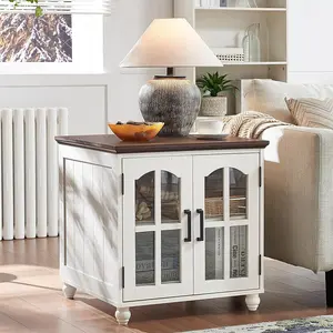 【Limited time deal】BM-CBX Farmhouse End Table with Charging Station,24" Large Sofa Side Table with Glass Barn Door,Rustic Wood Night Stand with Adjustable Storage Shelf,Square Bedside Table for Living Room,Bedroom Office