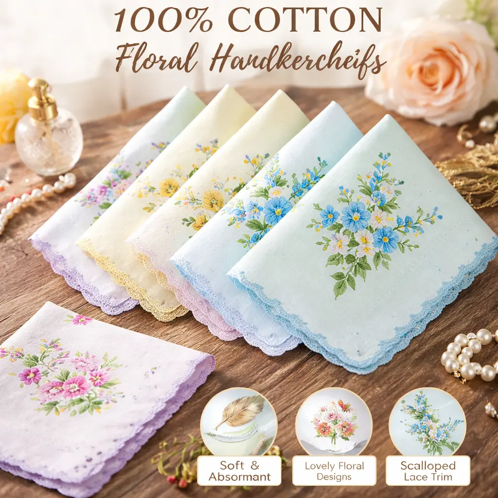 6-Pack Women's Cotton Floral Handkerchiefs – Soft Printed Hankies with Wavy Edge, Assorted Designs for Daily Use & Gifts