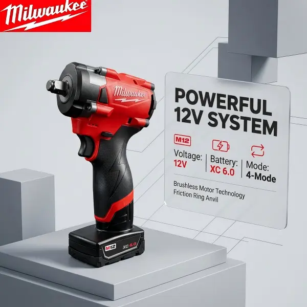 Milwaukee M12 Cordless Brushless Impact Wrench Kit - 12V Battery & Charger, 0-2400r/min No-Load Speed, 3/8 & 1/2-in Drive Shaft, 220Nm Max Torque, Hand Tool for Auto Repair & Household Installation