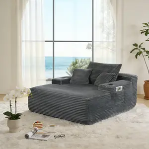 Oversized Chaise Lounge Chair Indoor Boneless Reading Chair Plush Corduroy Recliner with Cup Holders Large Deep Seat Comfy Sofa Bed Couch with 3 Pillows for Living Room Bedroom, No Assembly Required,Grey