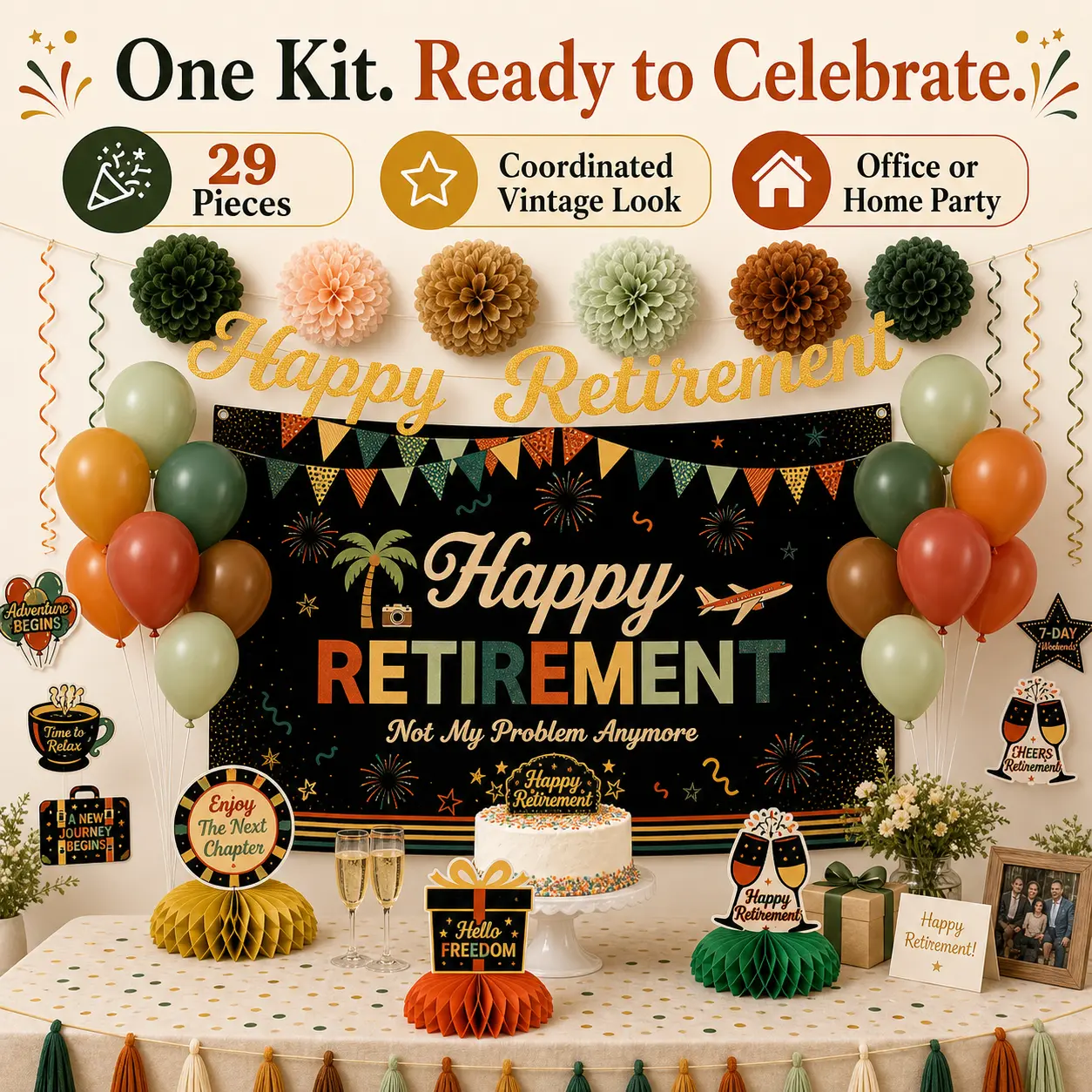 Colorful Vintage Reusable Retirement Party Decoration Set - Polyester Backdrop Banner, Honeycomb Centerpieces, Hangable Hanging Swirls for Doctors Office Farewell, Men Photo & Wall Decor Supplies