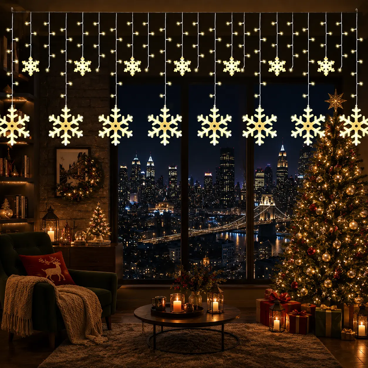 Magic Battery Operated Snowflake Curtain String Lights, 11.5Ft 158 LED Warm White Decor Accessories, Connectable, Batteries Not Included, Indoor Outdoors Festive Lights for Window, Decorating My Apartment, Children's Day