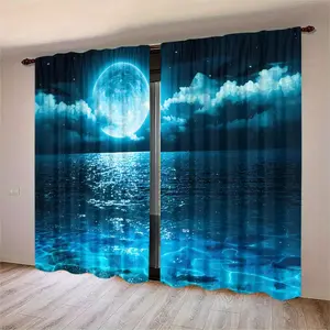 2 pieces of deep sea blue moonlit sea view printed decorative curtains, semi-transparent for privacy protection, fade-resistant, machine washable and hand washable, suitable for bedroom and living room home decoration
