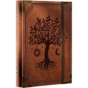 PU Leather A5 Binder 6 Ring Refillable Journal Cover No Refill Paper A5 Planner Binder Loose Leaf Binder for Notebook 5.7"x8.3" with Elastic Closure, Brown Tree