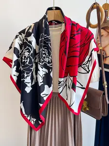 Fashionable Plant Print Colorblock Woven Fabric Scarf Square Shawl, Warm Travel Friendly Accessory for Women, Stylish Headscarf for Dates & Loose Fit