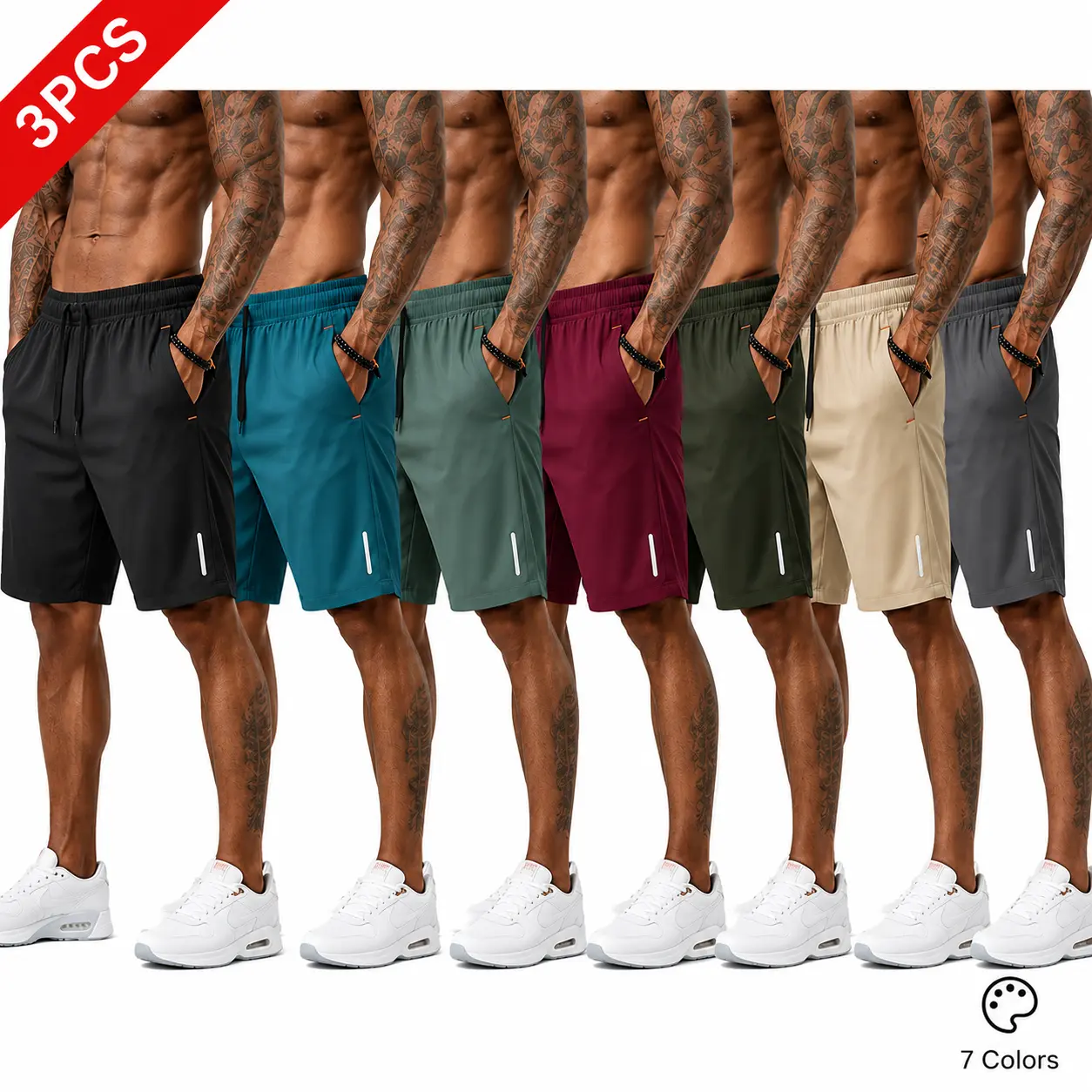 3-pack summer men’s solid shorts—lightweight and breathable; wear-resistant, resists pilling, fading, and deformation; casual shorts with elastic waistband and drawstring; men’s sports/casual beach shorts