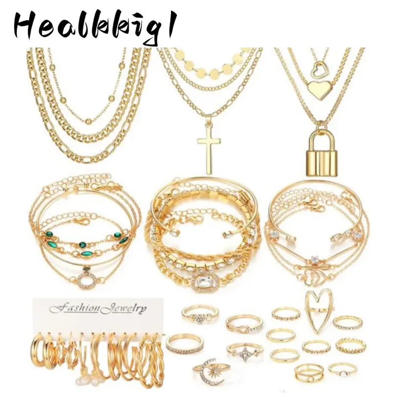 24/36 Pcs Gold Mixed Jewelry Set for Women, Stackable Multipack with Multi‑Layer Necklaces, Bracelets, Knuckle Rings & Hoop Earrings, Dainty Fashion Accessories for Daily Wear, Halloween Christmas Holiday Party Gift