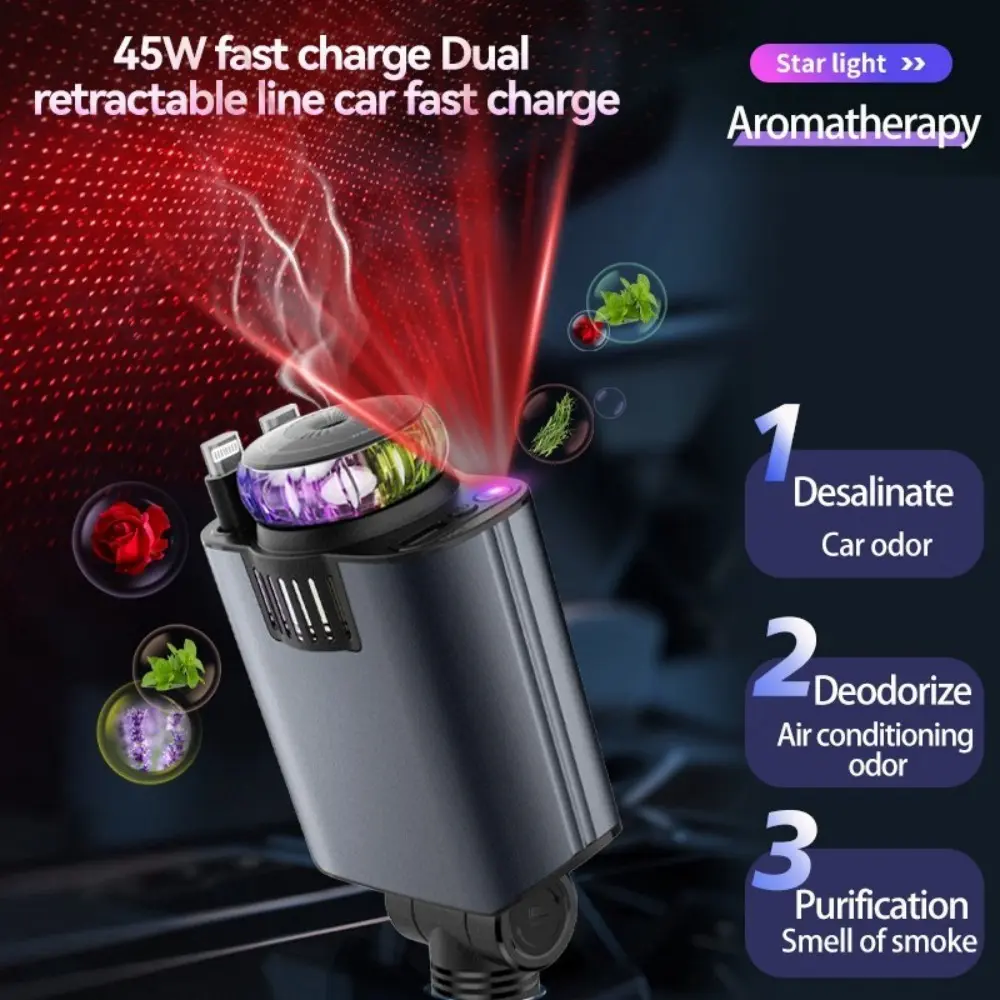 5-in-1 Retractable Quick Charge Car Phone Charger - USB-C, Starry Lights Aromatherapy LED Light, 12V-24V Cars Compatible, On-the-Go Charging Cable for iPhone 17/16/15/14/13/12/11, Android Devices, Tablets, Laptops, Game Consoles