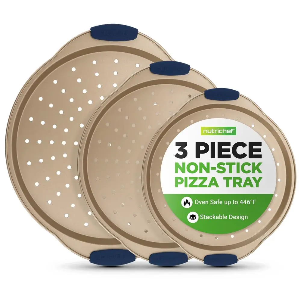 3-Piece Pizza Tray Set for Crispy Pizzas - Gold | Nonstick Carbon Steel Pizza Pans With Perforated Holes & Silicone Handle - Even Heat Baking Trays - Kitchen Bakeware Accessory