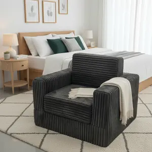 【Deal】SweetFurniture Massage Relax Charcoal Grey Corduroy Sofa, Foldable Bean Bag Chair Furniture, No Frame Oversized Armchair for Watching & Sleeping, Vacuum-Sealed Easy Setup