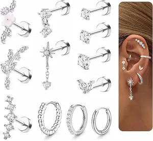 12Pcs Gemstone Earring Set Trendy Sterling Silver Stud Earrings Set Flat Back Earrings for Women Men Surgical Stainless Steel Earrings for Sensitive Ears Small Stud Hoop Cartilage Earring Stack Set for Multiple Piercing Jewelry