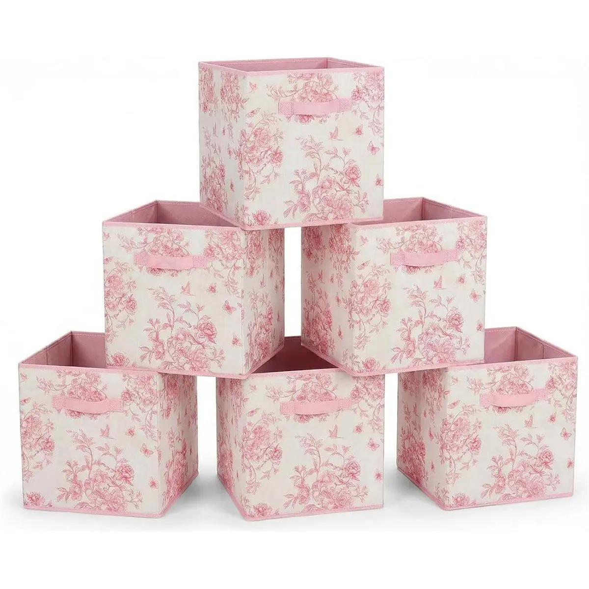QYKF 6-Pack Pink Flower Fabric Cube Storage Boxes - 12.5 in Collapsible Foldable Storage Solutions with Handles for Shelf, Home Organization, Gift | Get Organized Slide-Friendly Bins