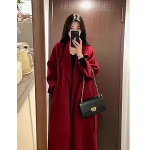 Autumn and winter high-grade red woolen coat for women Korean style Hepburn style woolen coat beige camel gray