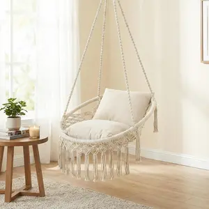 COSTWAY Macrame Swing Chair, Hammock Chair w/2 Removable Cushions, Polyester Cotton Ropes, Sturdy Metal Rings, Indoor Outdoor Boho Hanging Chair for Patio Bedroom Balcony Living Room