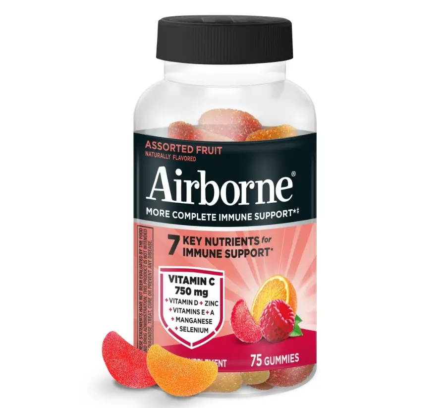 Airborne Chewable Edible Vitamin C Immune Support Gummies, 750 mg, 75 Ct. Dietary Supplement with Assorted Fruit Flavors, Excellent Source of Zinc, Selenium & Manganese